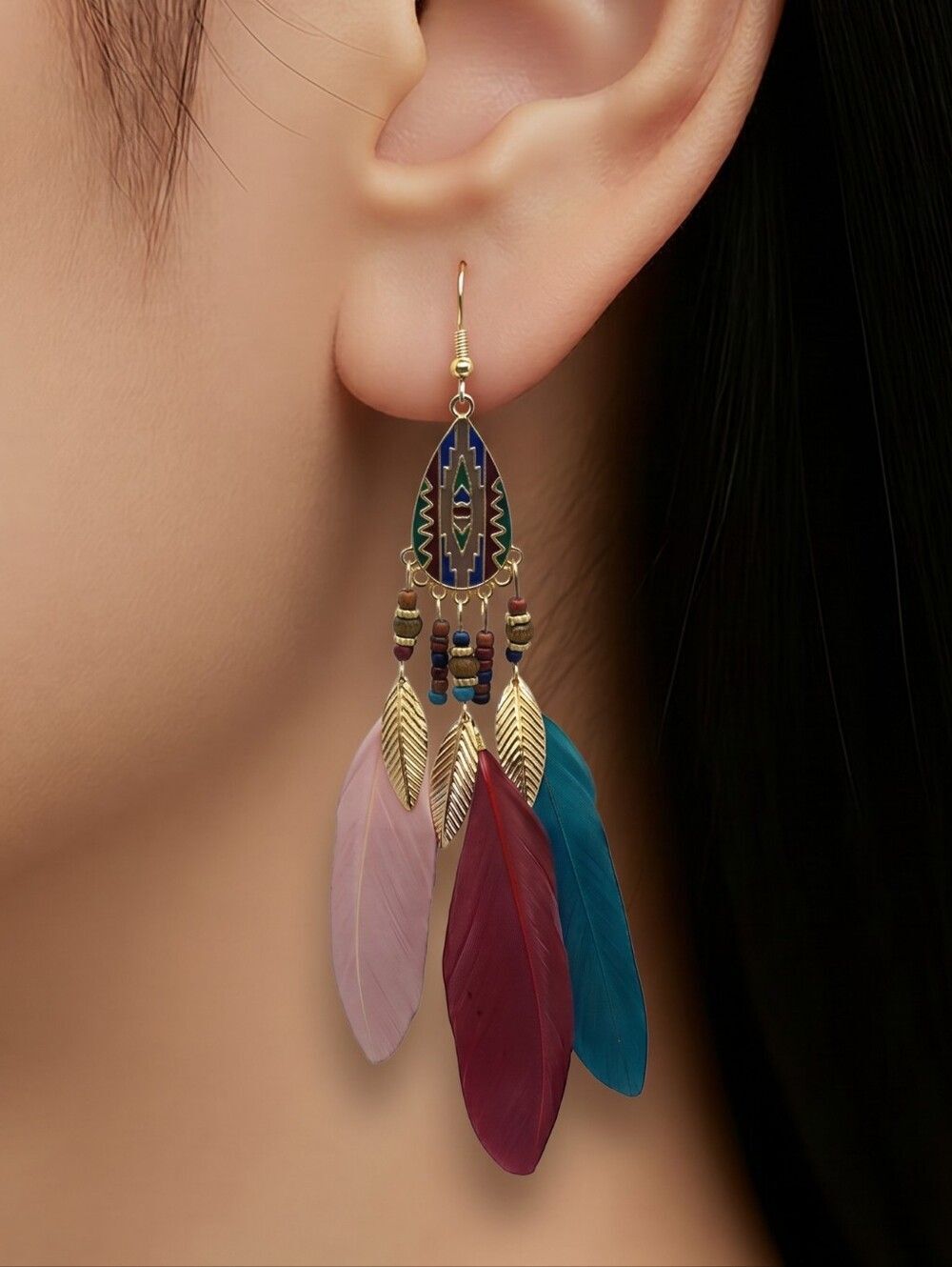 Burgundy Feather Tassel Earrings Boho Tribal Festival Dangle Gypsy Soul Rustic